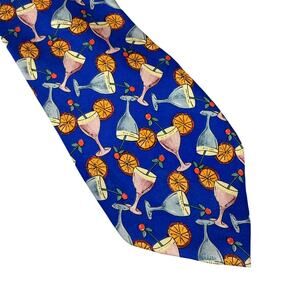 Kenneth Gordon Hand Sewn Silk Blue Tie Cocktails Drinks Margarita Martini Print